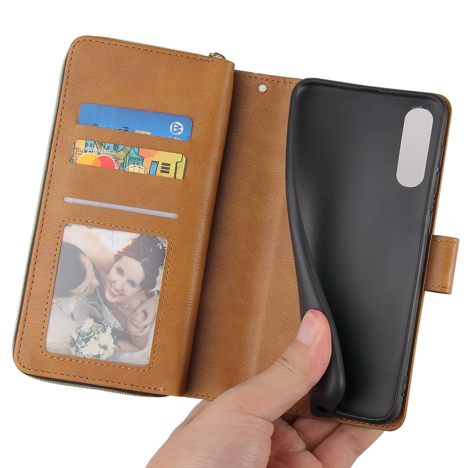 For Samsung A10/A20/A30/A50/A30S/A50S Pu Leather  Mobile Phone Cover Zipper Card Bag   Wrist Strap brown