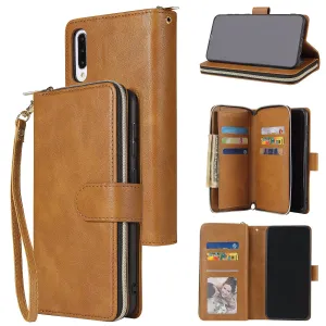 For Samsung A10/A20/A30/A50/A30S/A50S Pu Leather  Mobile Phone Cover Zipper Card Bag   Wrist Strap brown