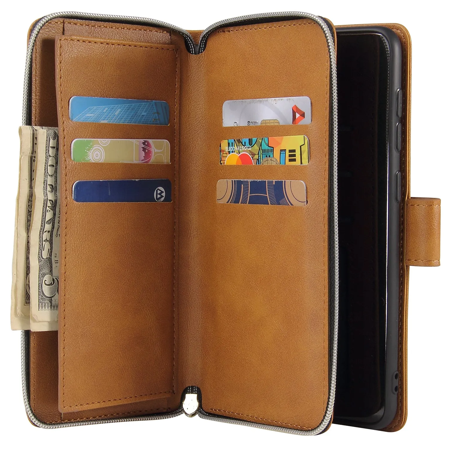 For Samsung A10/A20/A30/A50/A30S/A50S Pu Leather  Mobile Phone Cover Zipper Card Bag   Wrist Strap brown