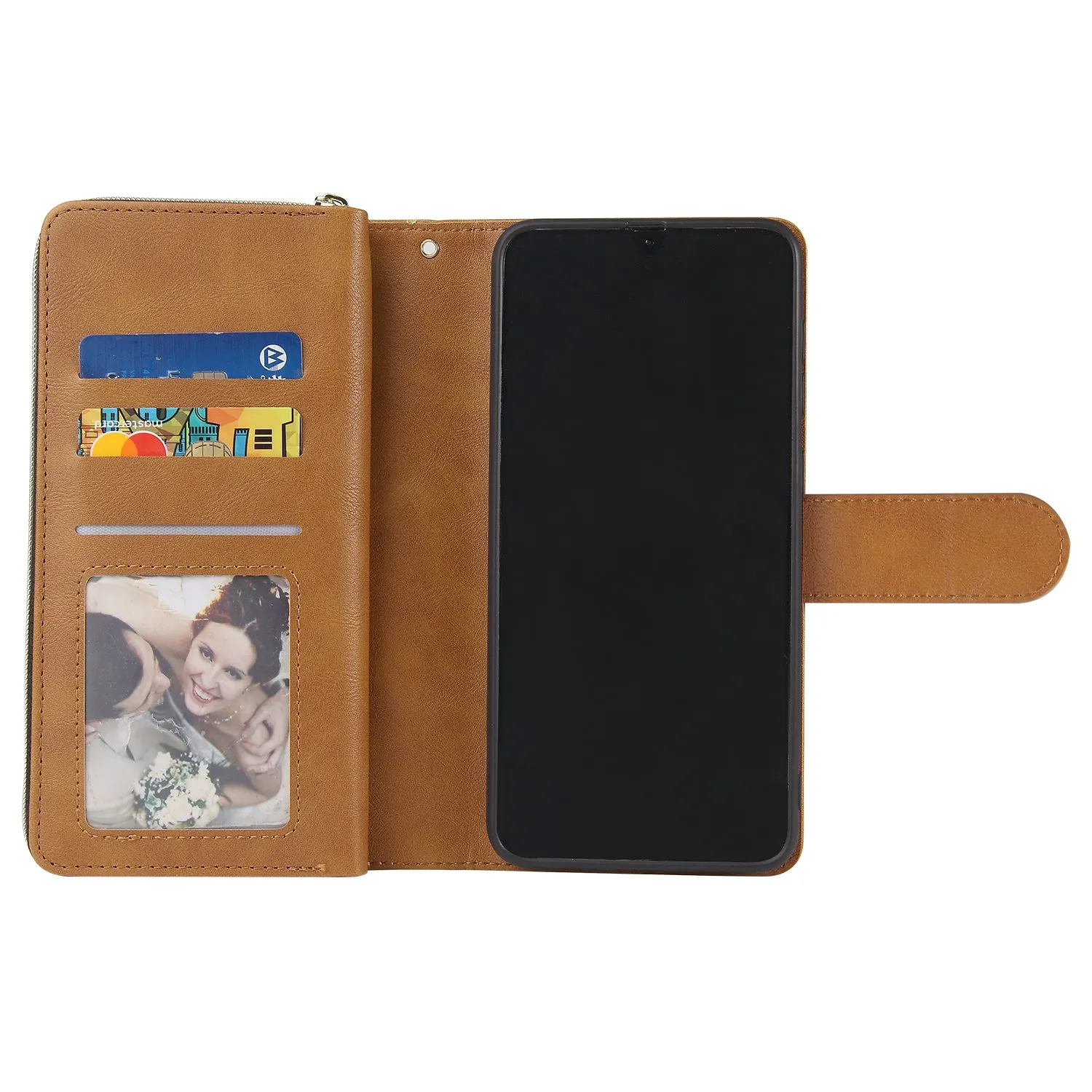 For Samsung A10/A20/A30/A50/A30S/A50S Pu Leather  Mobile Phone Cover Zipper Card Bag   Wrist Strap brown