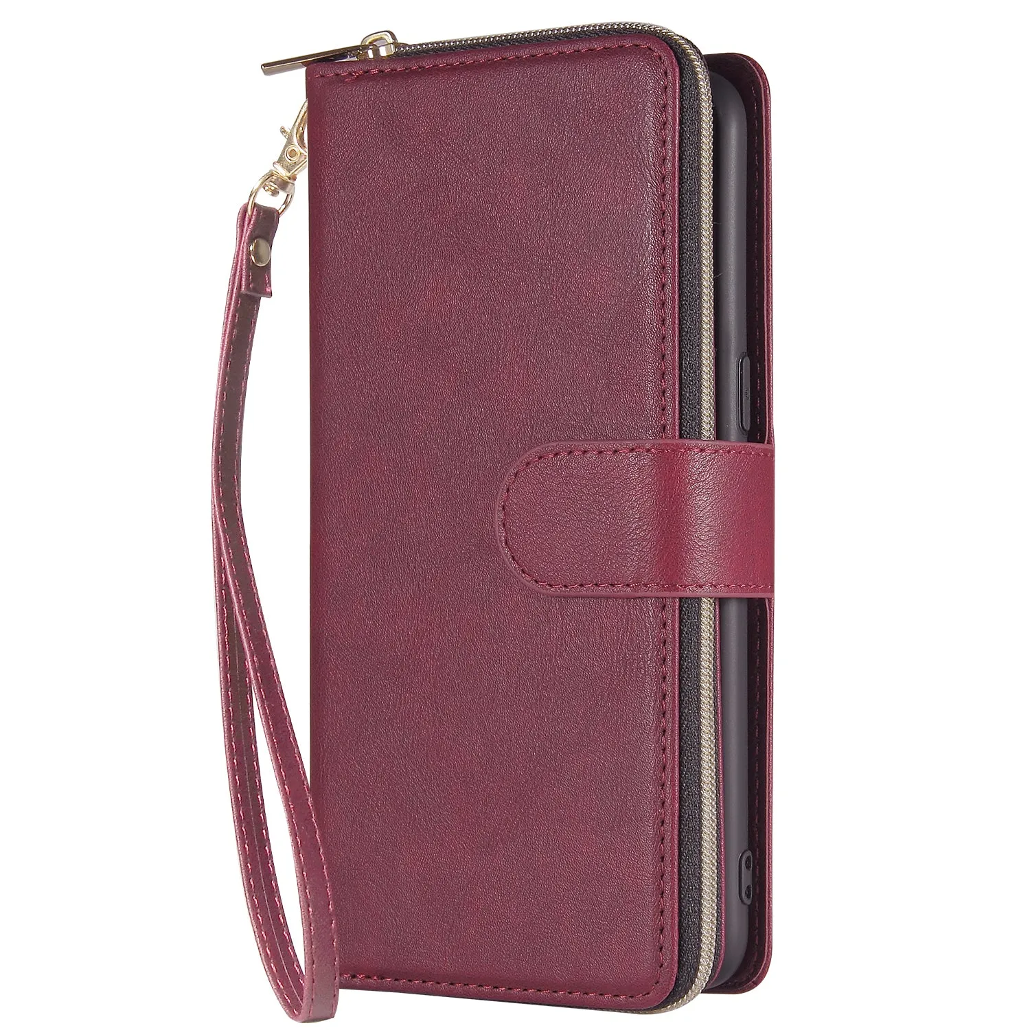 For Samsung A10/A20/A30/A50/A30S/A50S Pu Leather  Mobile Phone Cover Zipper Card Bag   Wrist Strap Red wine