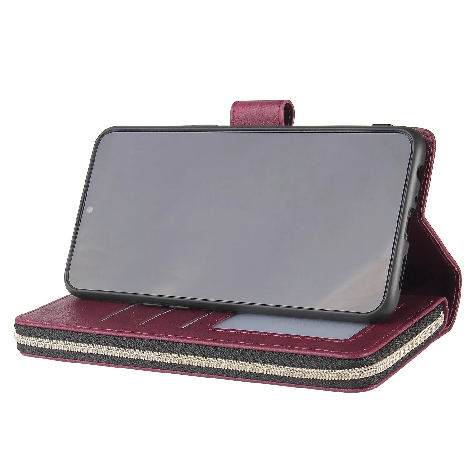 For Samsung A10/A20/A30/A50/A30S/A50S Pu Leather  Mobile Phone Cover Zipper Card Bag   Wrist Strap Red wine