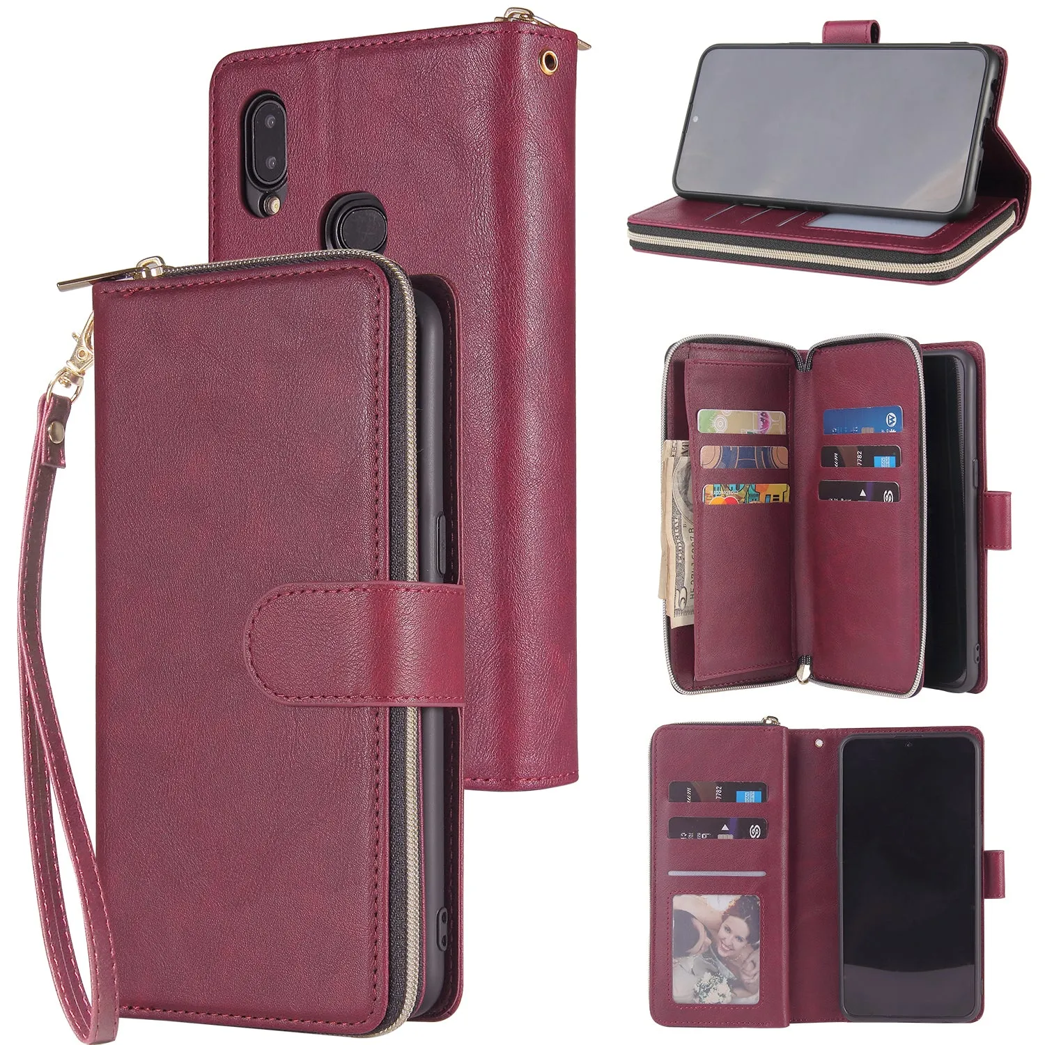 For Samsung A10/A20/A30/A50/A30S/A50S Pu Leather  Mobile Phone Cover Zipper Card Bag   Wrist Strap Red wine