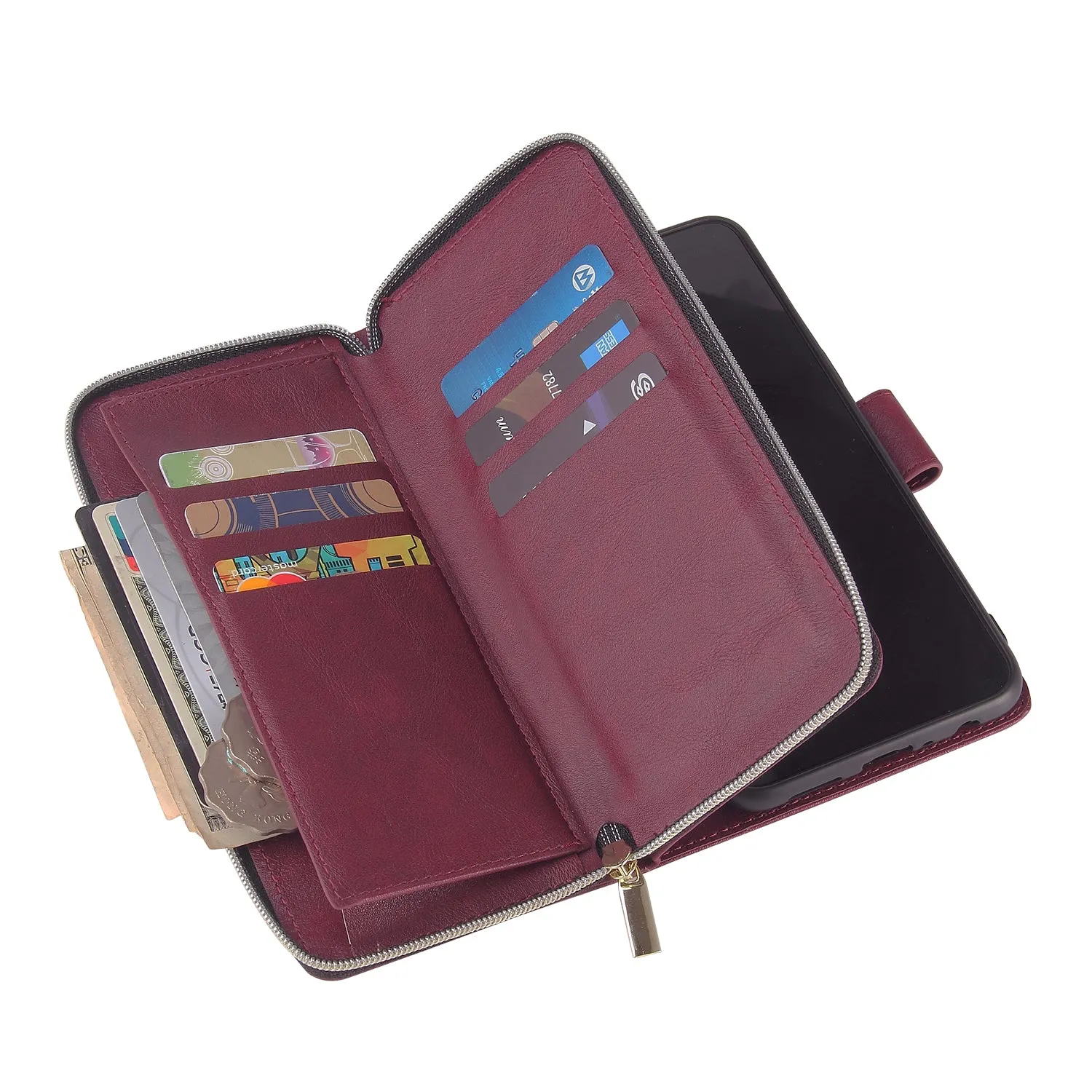 For Samsung A10/A20/A30/A50/A30S/A50S Pu Leather  Mobile Phone Cover Zipper Card Bag   Wrist Strap Red wine