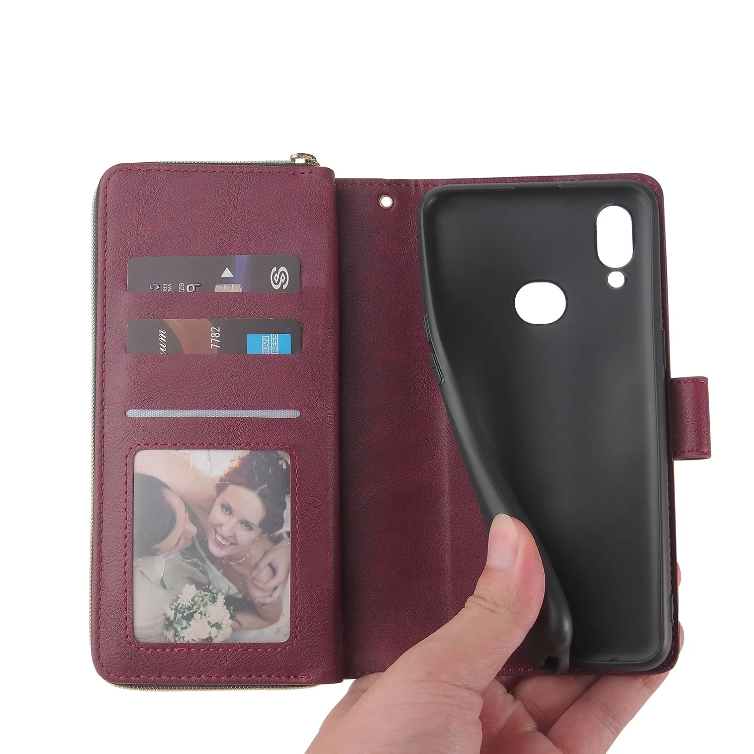 For Samsung A10/A20/A30/A50/A30S/A50S Pu Leather  Mobile Phone Cover Zipper Card Bag   Wrist Strap Red wine