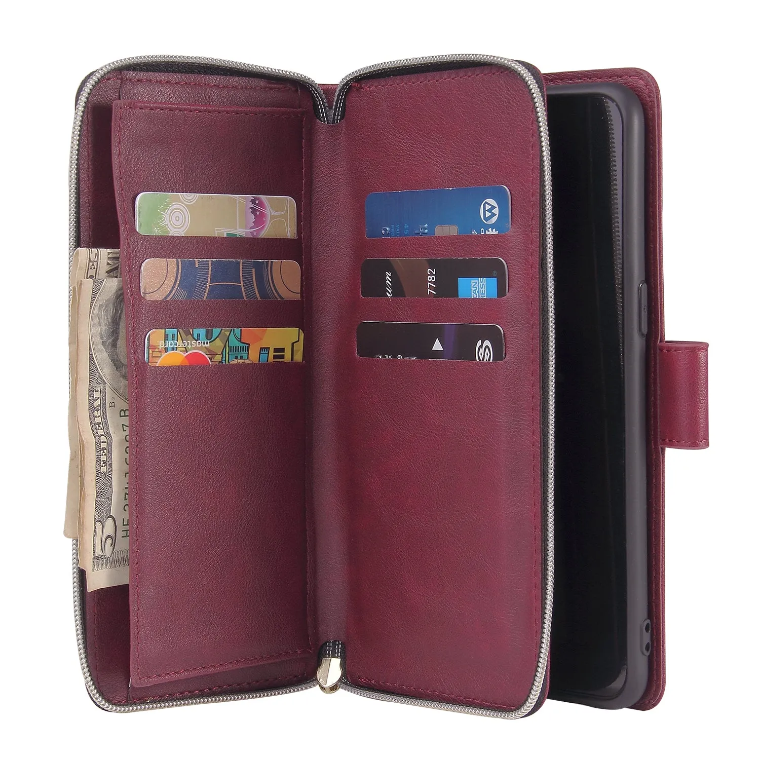 For Samsung A10/A20/A30/A50/A30S/A50S Pu Leather  Mobile Phone Cover Zipper Card Bag   Wrist Strap Red wine