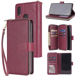 For Samsung A10/A20/A30/A50/A30S/A50S Pu Leather  Mobile Phone Cover Zipper Card Bag   Wrist Strap Red wine