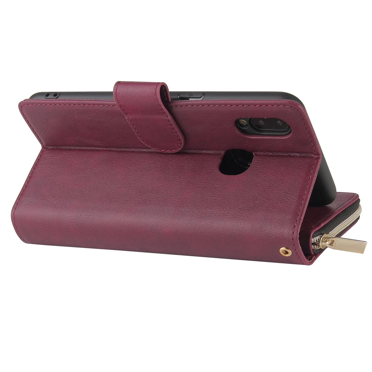 For Samsung A10/A20/A30/A50/A30S/A50S Pu Leather  Mobile Phone Cover Zipper Card Bag   Wrist Strap Red wine