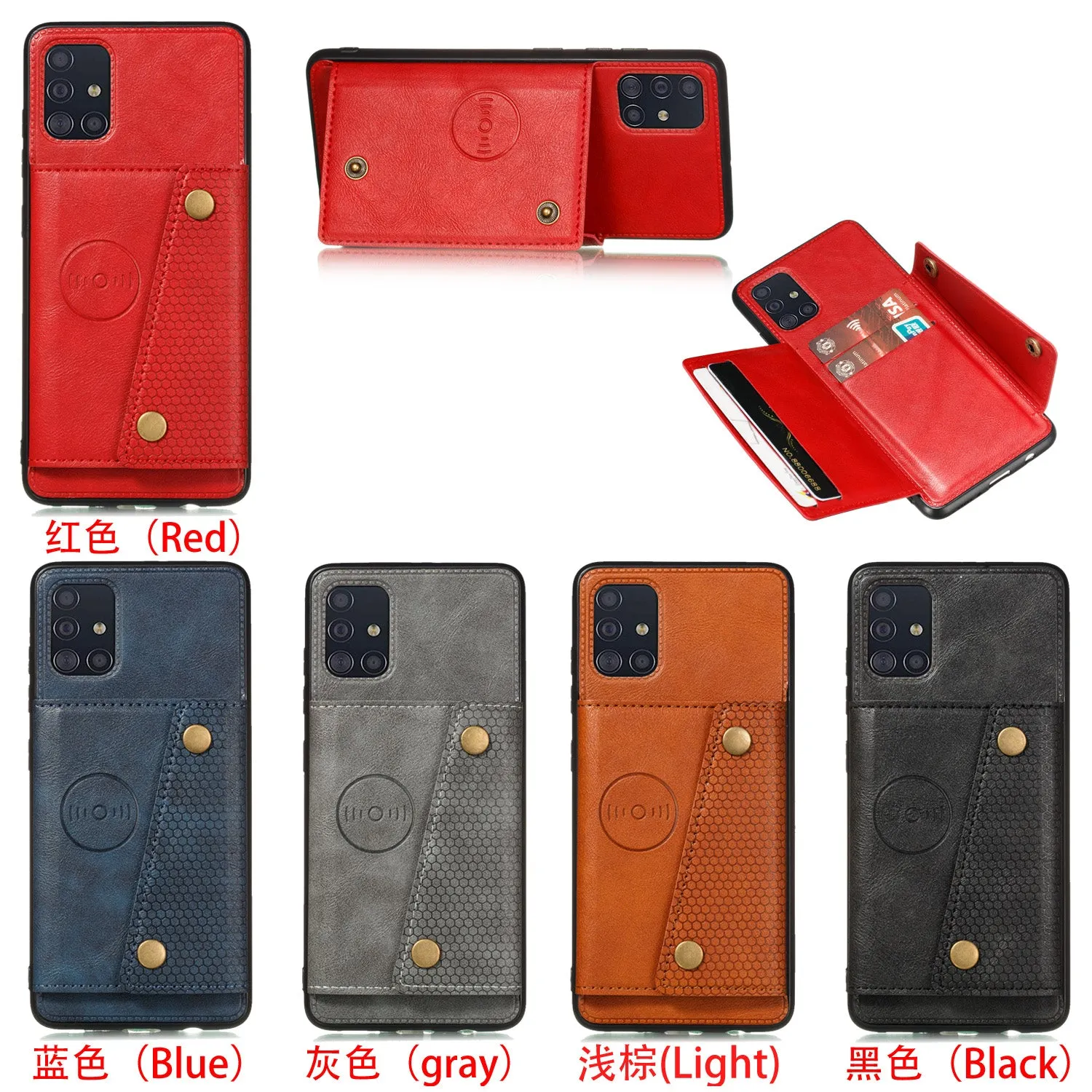 For Samsung A51 Cellphone Cover Back Case Double Buckle PU Leather with Card Slots Shell gray
