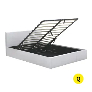 Gas Lift Bed Frame Premium Leather Base Mattress Storage Queen Size White