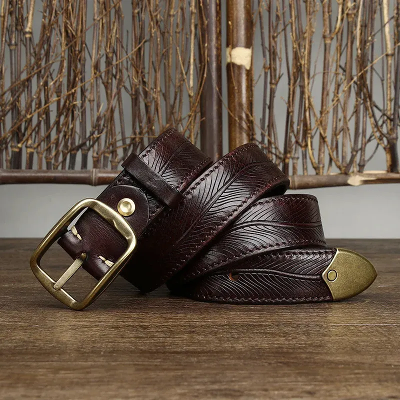 Genuine Leather Etched Feather Belt
