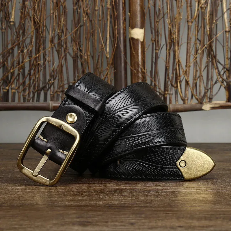Genuine Leather Etched Feather Belt