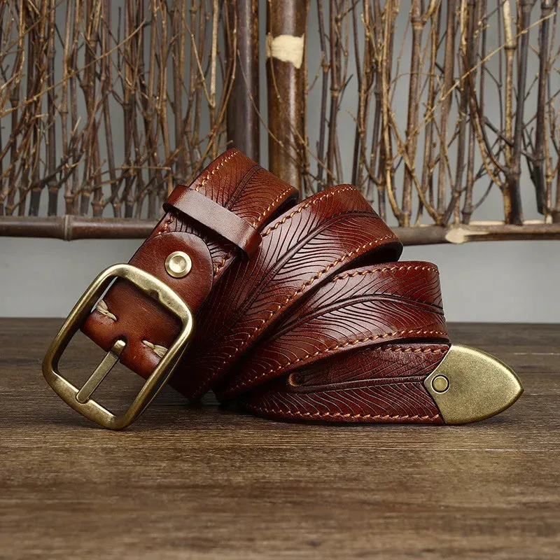Genuine Leather Etched Feather Belt