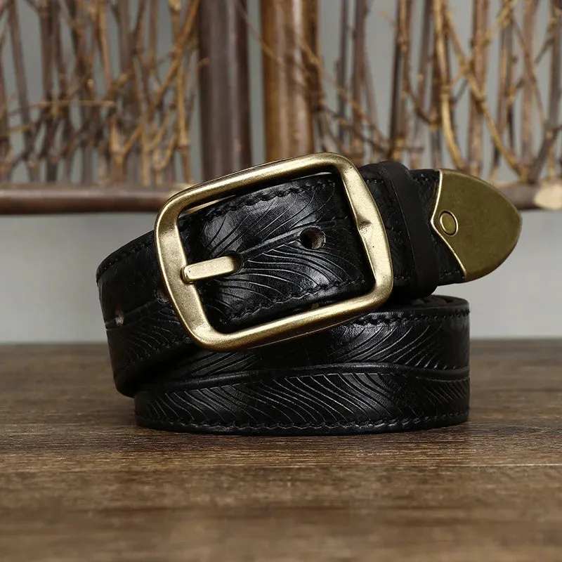 Genuine Leather Etched Feather Belt