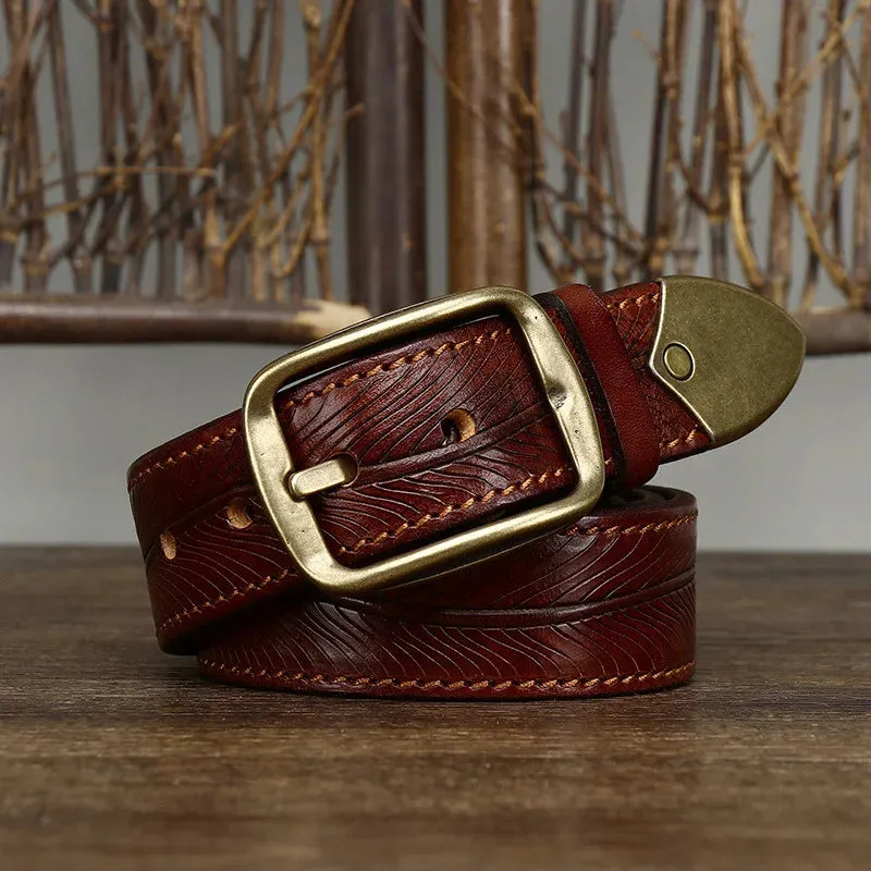 Genuine Leather Etched Feather Belt