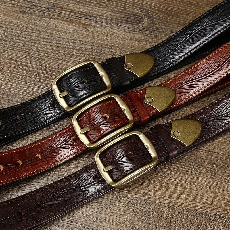 Genuine Leather Etched Feather Belt