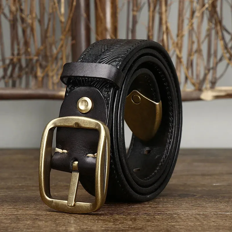 Genuine Leather Etched Feather Belt