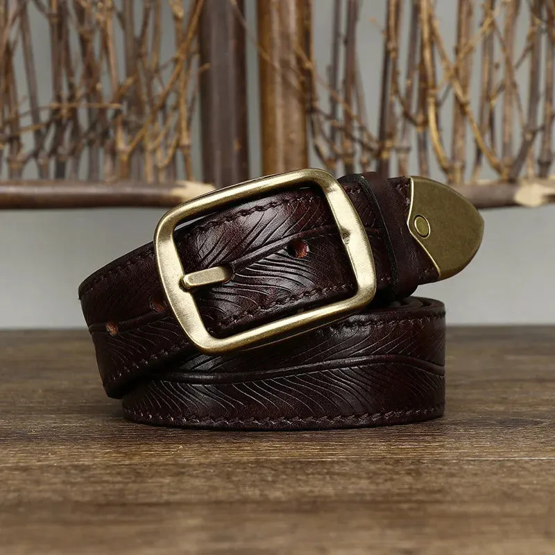 Genuine Leather Etched Feather Belt