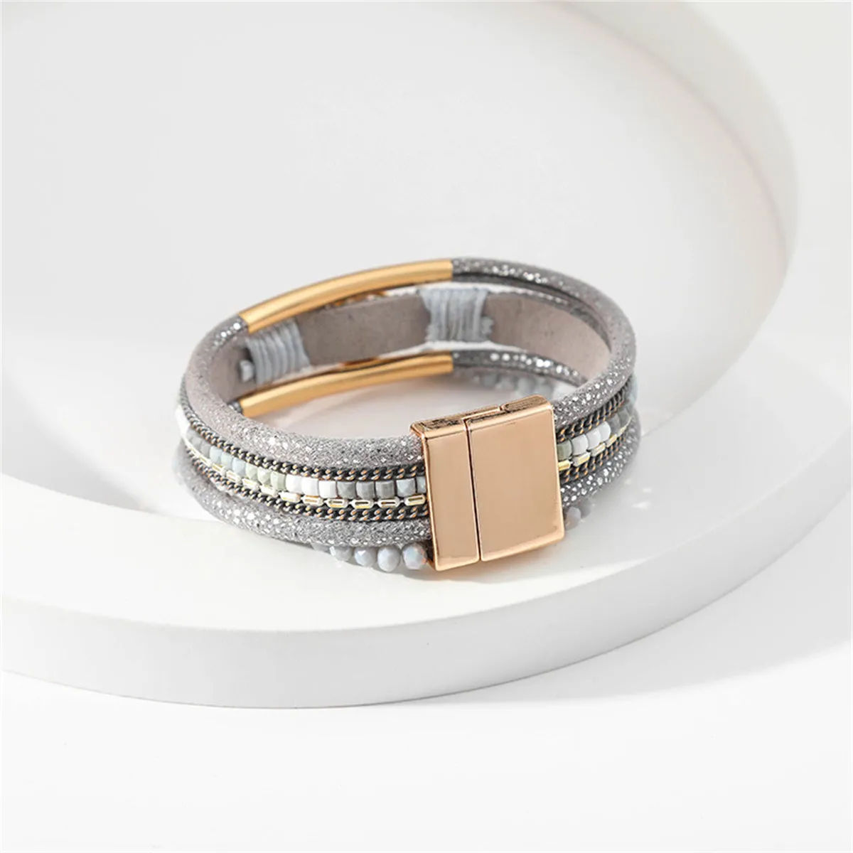 Gray Crystal & Polystyrene 18K Gold-Plated Stacked Bracelet