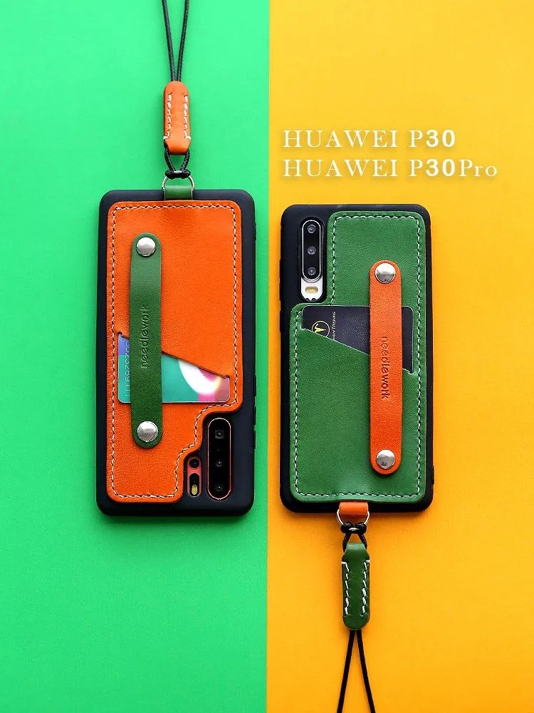 Handmade Blue Leather Huawei P30 Case with Card Holder CONTRAST COLOR Huawei P30 Leather Case