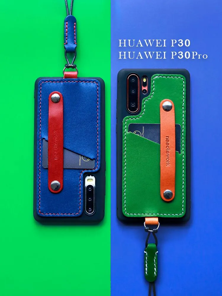 Handmade Blue Leather Huawei P30 Case with Card Holder CONTRAST COLOR Huawei P30 Leather Case