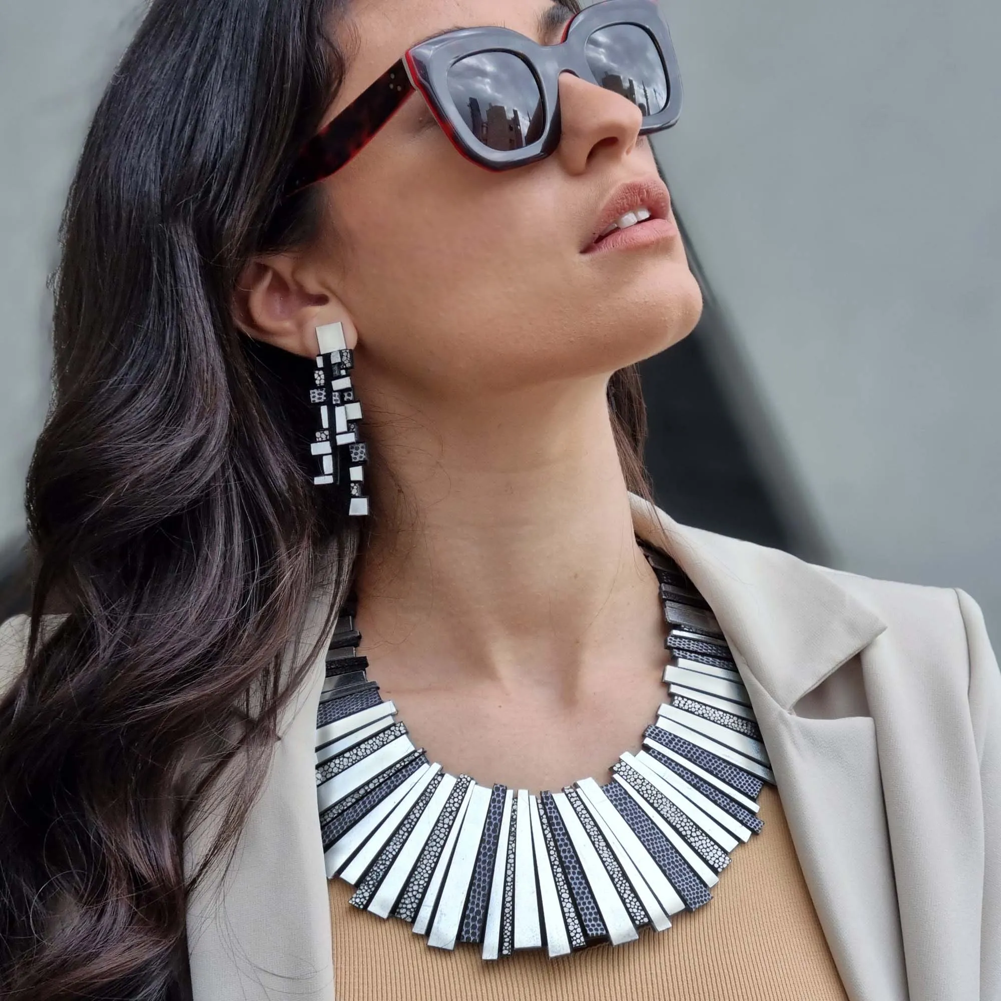 Hellena silver leather statement jewelry set