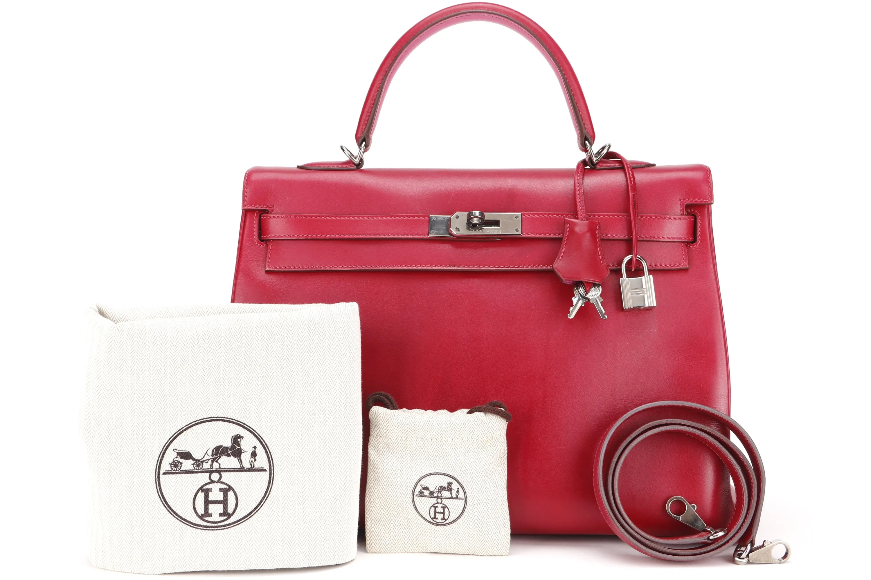 HERMES KELLY 35 (STAMP N) RED SWIFT LEATHER SILVER HARDWARE, WITH KEYS, LOCK, STRAP & DUST COVER