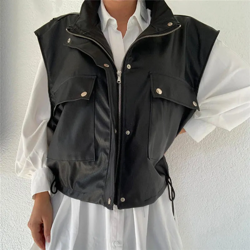 INSTOCK-waistcoat sleeveless PU leather jacket