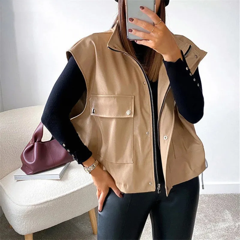 INSTOCK-waistcoat sleeveless PU leather jacket
