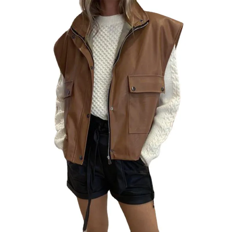 INSTOCK-waistcoat sleeveless PU leather jacket