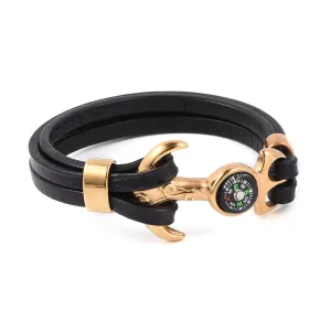 ION Plated YG Stainless Steel and Black Genuine Leather Compass Bracelet 8 inches