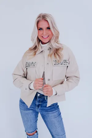 Jackie Jeweled Faux Leather Jacket - Tan