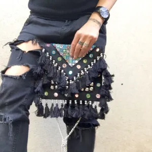 Jayne Bohemian Black Fringed Festival Clutch Bag