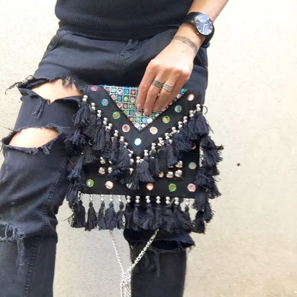 Jayne Bohemian Black Fringed Festival Clutch Bag