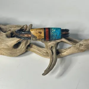 LARGE SYMMETRY MIXED MEDIA AND WOOD LEATHER BRACELET WITH MAGNETIC CLOSURE NL254