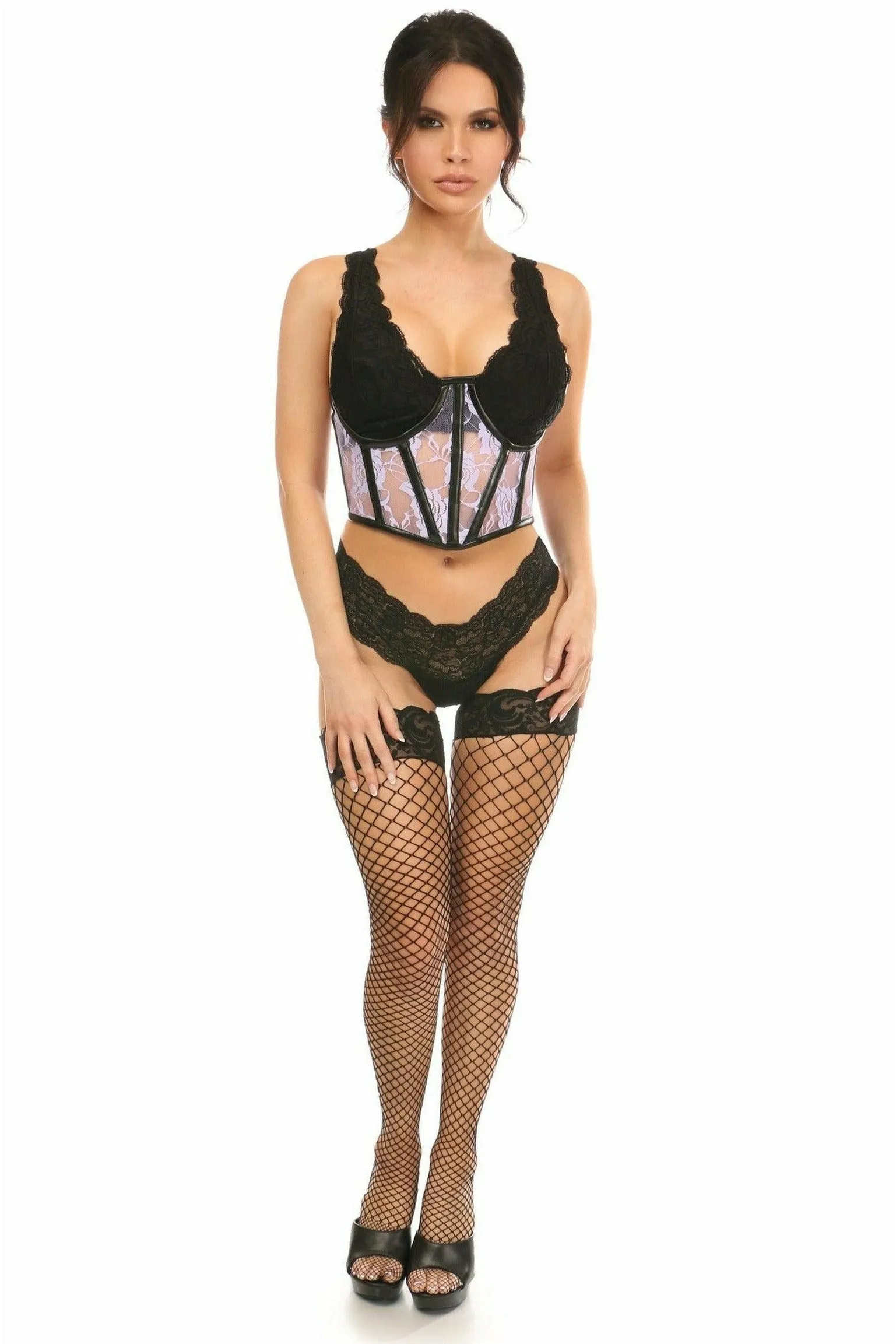 Lavish Sheer Lavender Lace & Faux Leather Open Cup Waist Cincher