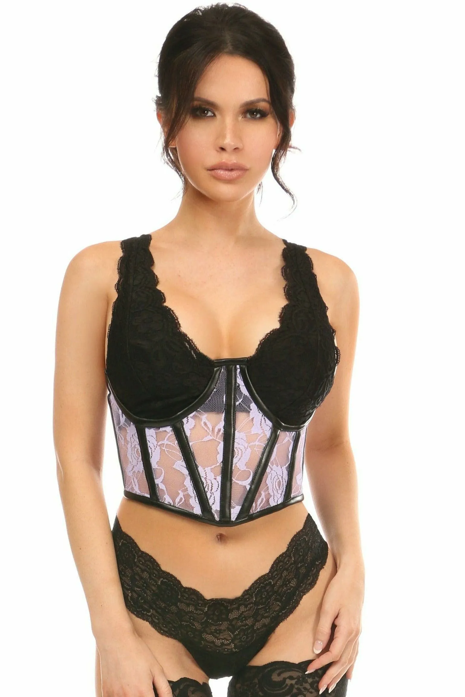 Lavish Sheer Lavender Lace & Faux Leather Open Cup Waist Cincher