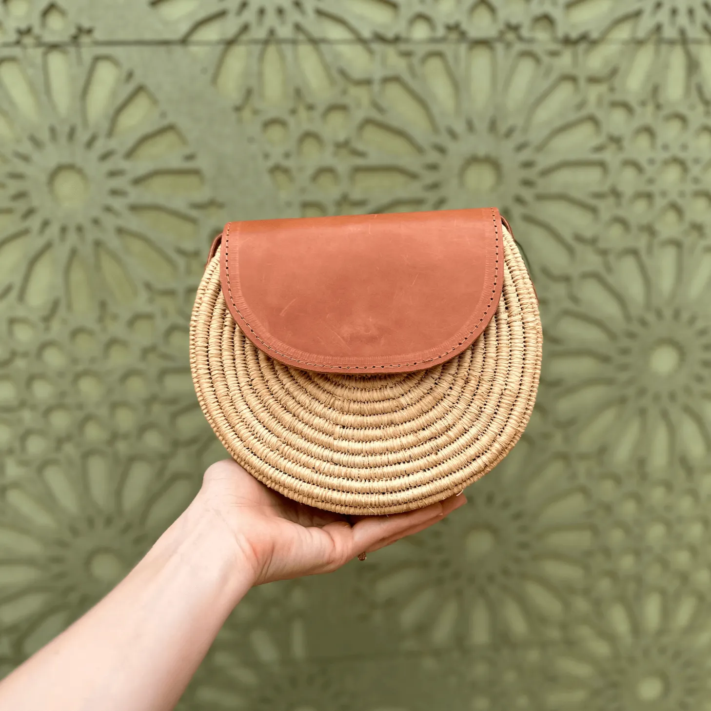 Leather and Palm Crossbody Bag