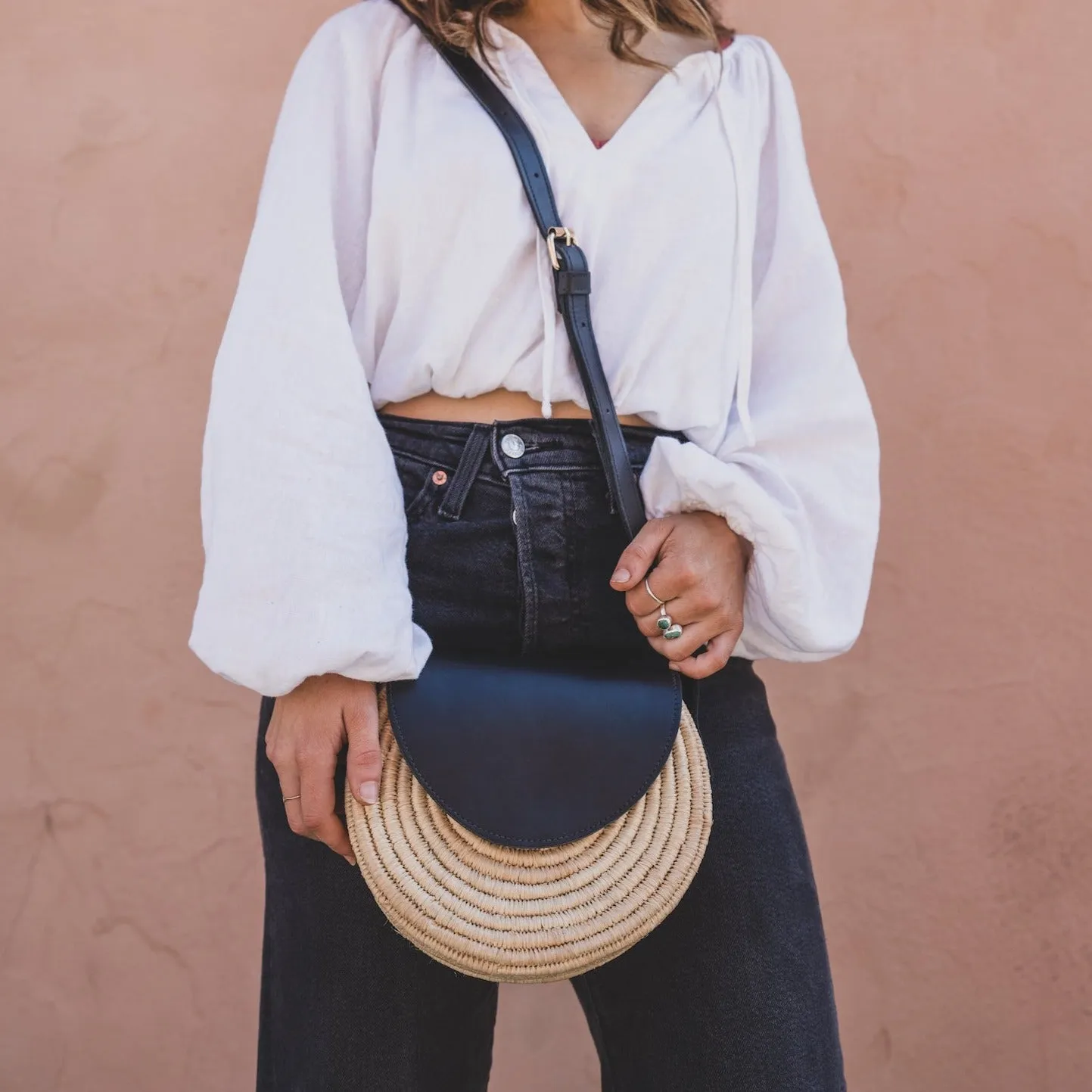Leather and Palm Crossbody Bag