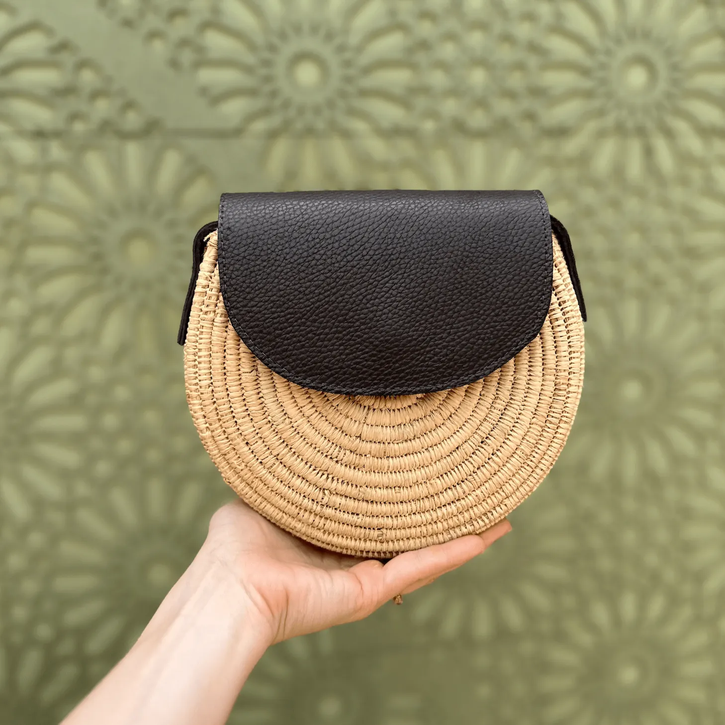 Leather and Palm Crossbody Bag