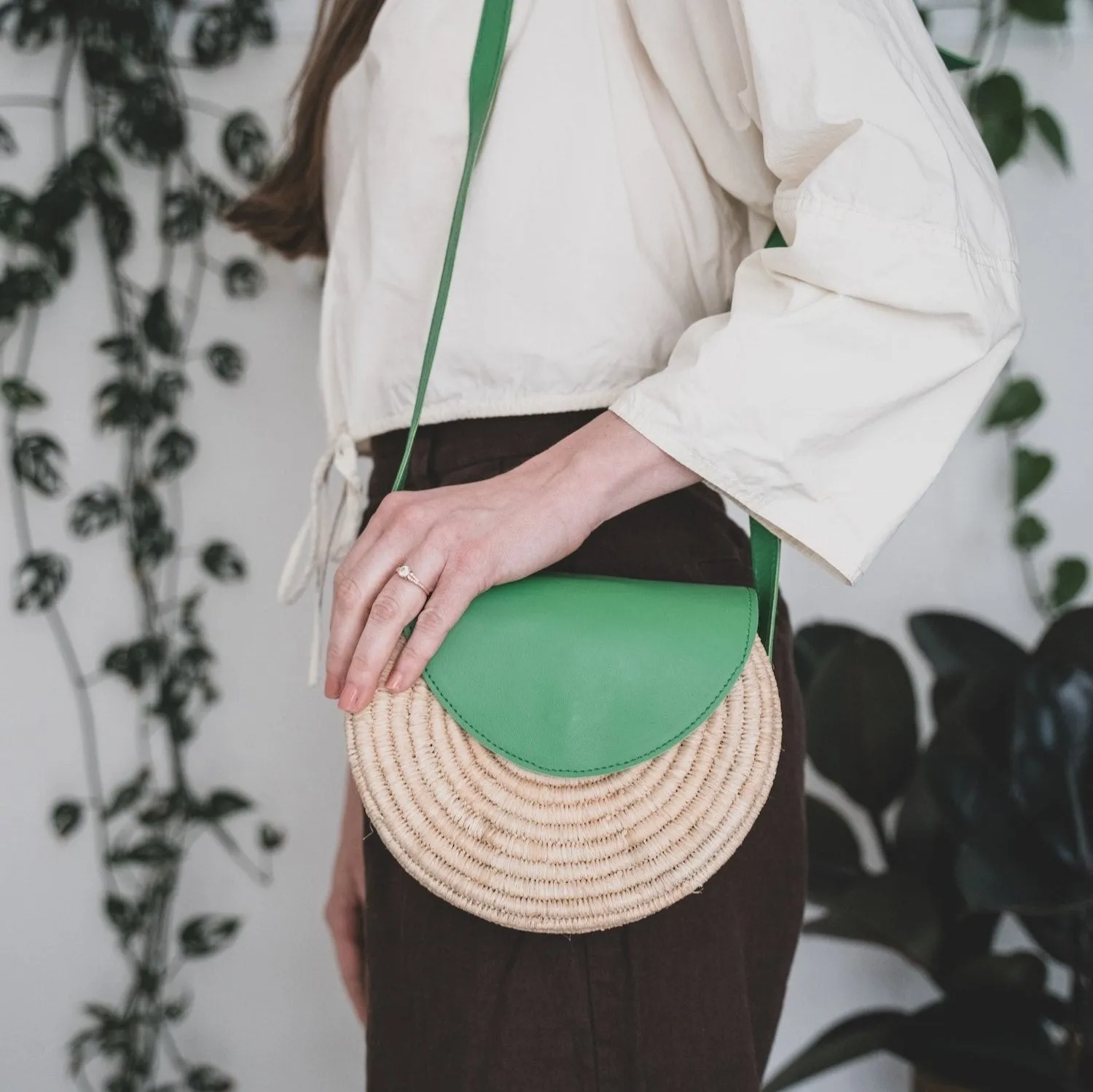 Leather and Palm Crossbody Bag