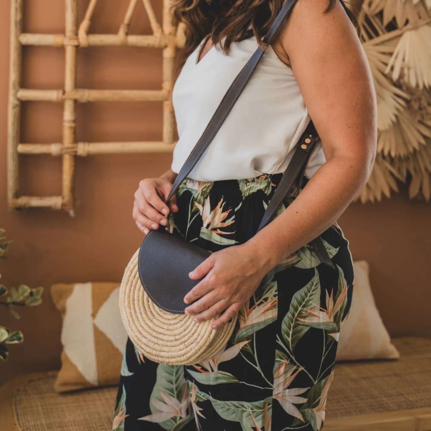 Leather and Palm Crossbody Bag