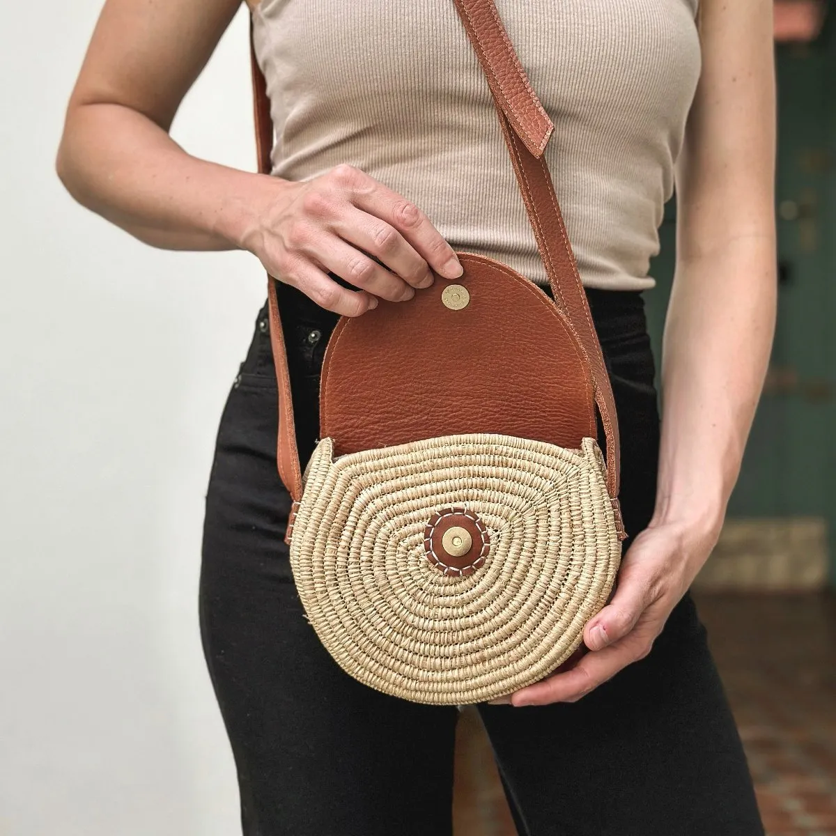 Leather and Palm Crossbody Bag