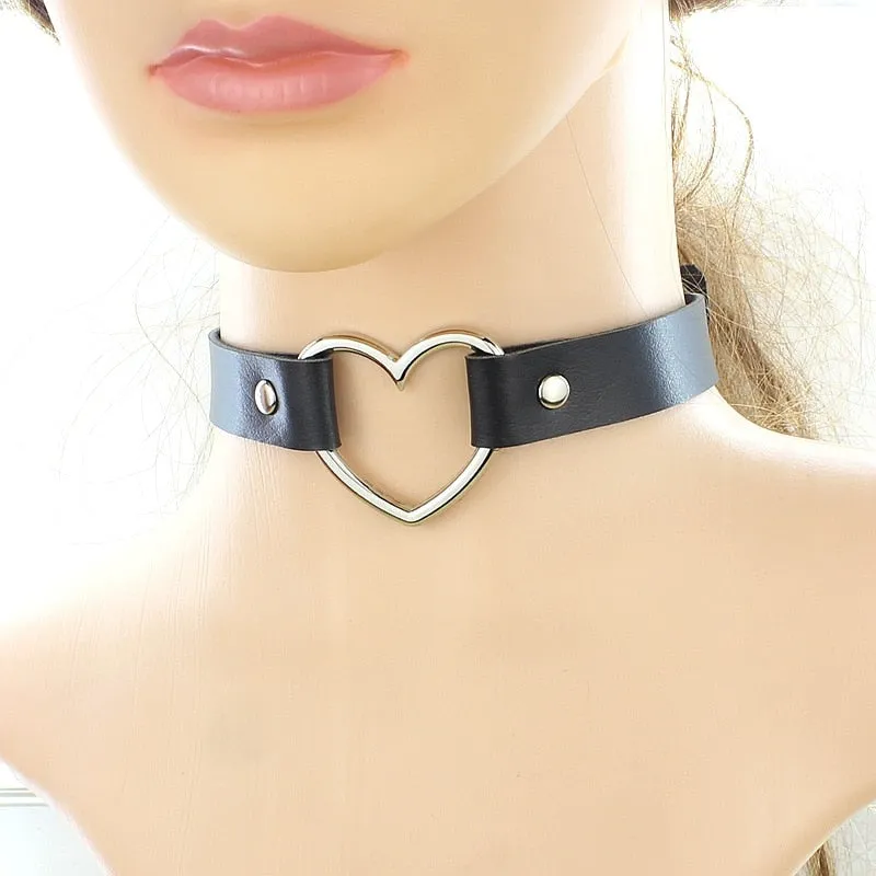 Leather Heart Choker Necklace
