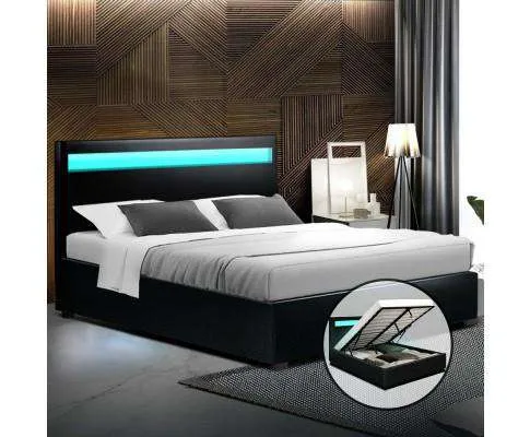 LED Leather Bed Frame Gas Lift Base With Storage -  Black
