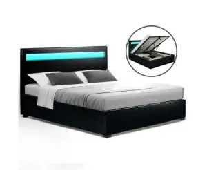 LED Leather Bed Frame Gas Lift Base With Storage -  Black