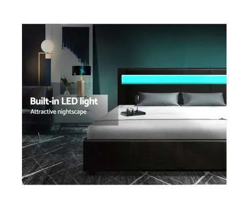 LED Leather Bed Frame Gas Lift Base With Storage -  Black