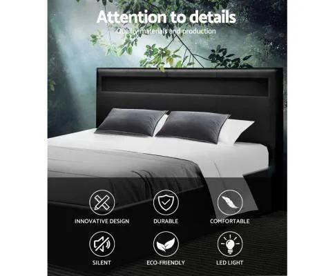 LED Leather Bed Frame Gas Lift Base With Storage -  Black