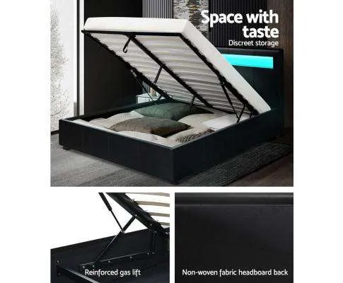 LED Leather Bed Frame Gas Lift Base With Storage -  Black