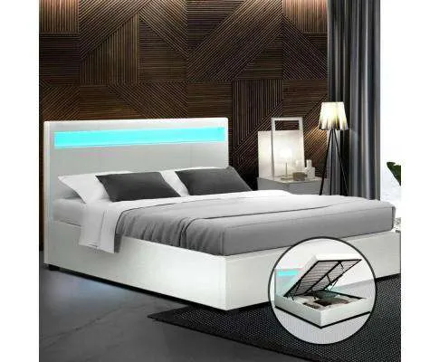 LED Leather Bed Frame Gas Lift Base With Storage - White